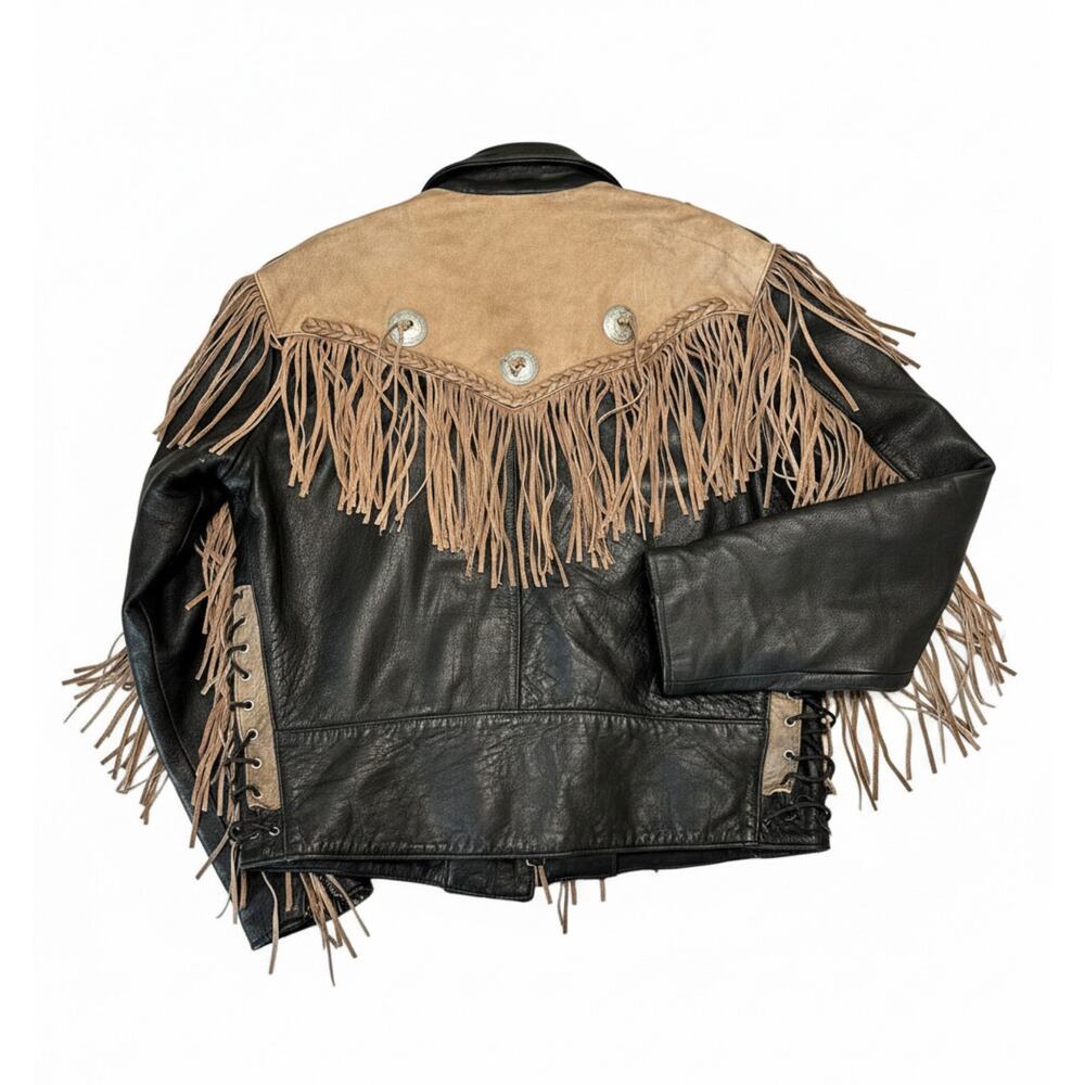 SHAF Leather Jacket 50 Black Tan Fringe Western Biker Motorcycle Rodeo Concho - Picture 2 of 10